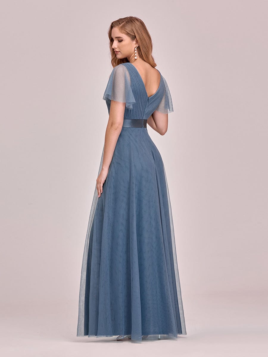 A-Line Floor-Length Women's Bridesmaid Dress with V-Neck and Flutter Sleeves