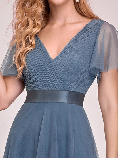 A-Line Floor-Length Women's Bridesmaid Dress with V-Neck and Flutter Sleeves