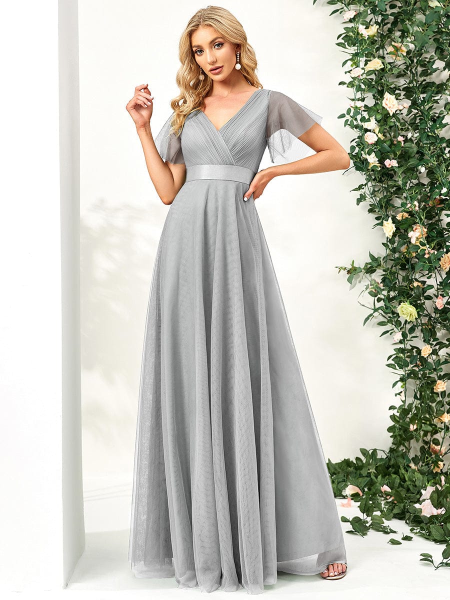 A-Line Floor-Length Women's Bridesmaid Dress with V-Neck and Flutter Sleeves