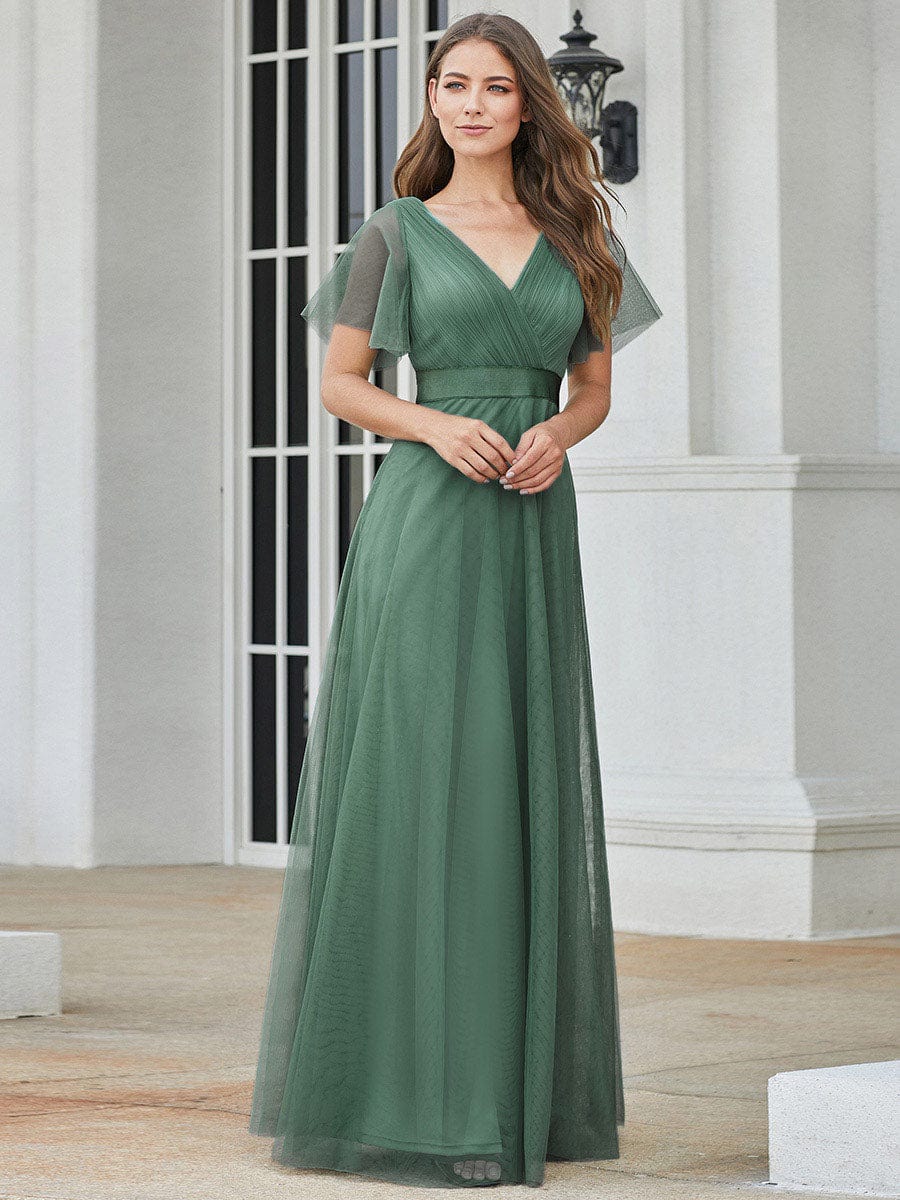 A-Line Floor-Length Women's Bridesmaid Dress with V-Neck and Flutter Sleeves