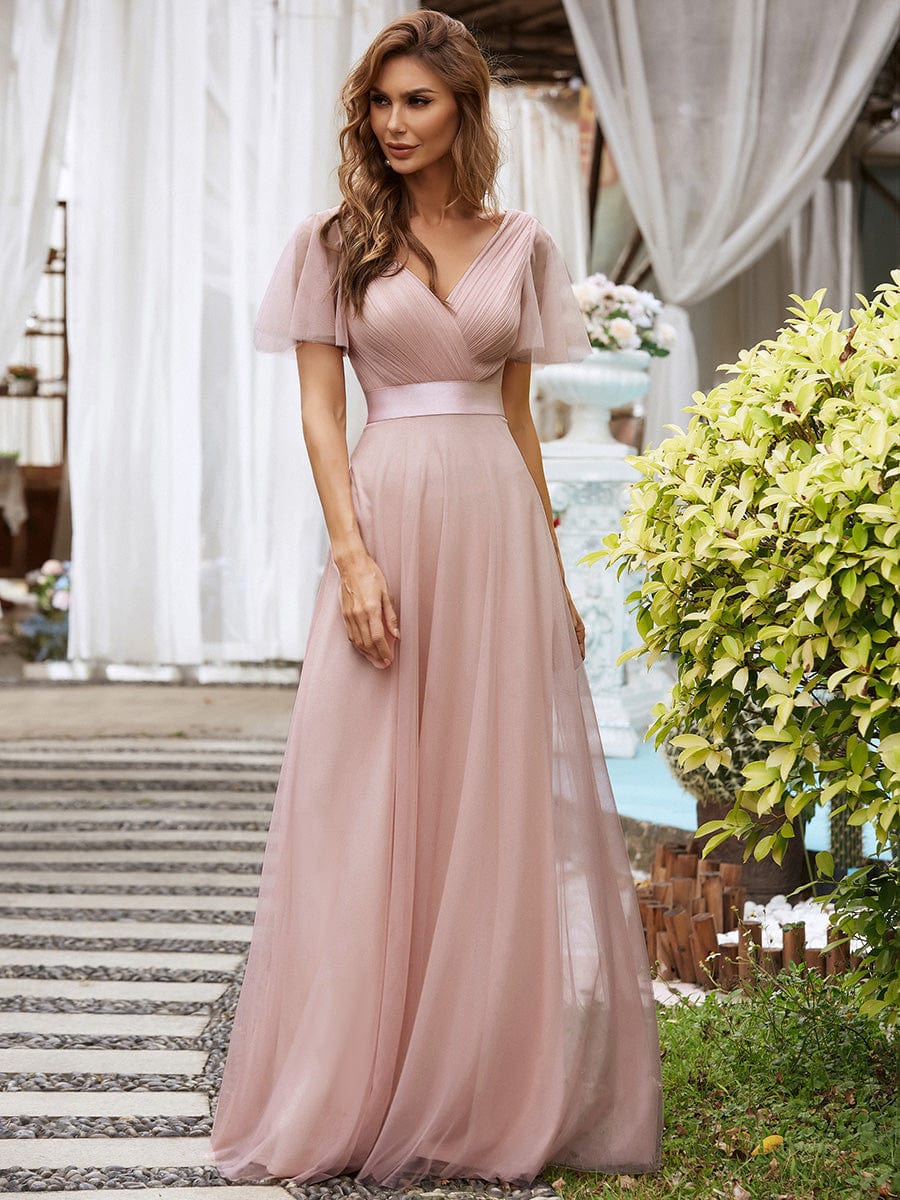 A-Line Floor-Length Women's Bridesmaid Dress with V-Neck and Flutter Sleeves