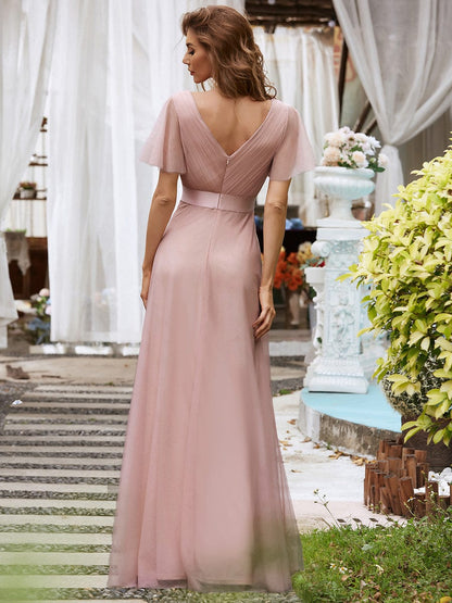 A-Line Floor-Length Women's Bridesmaid Dress with V-Neck and Flutter Sleeves