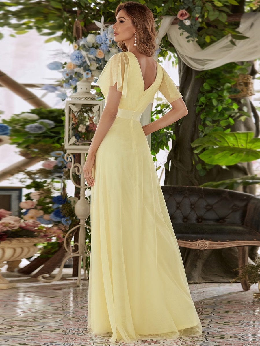 A-Line Floor-Length Women's Bridesmaid Dress with V-Neck and Flutter Sleeves