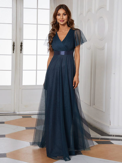 A-Line Floor-Length Women's Bridesmaid Dress with V-Neck and Flutter Sleeves