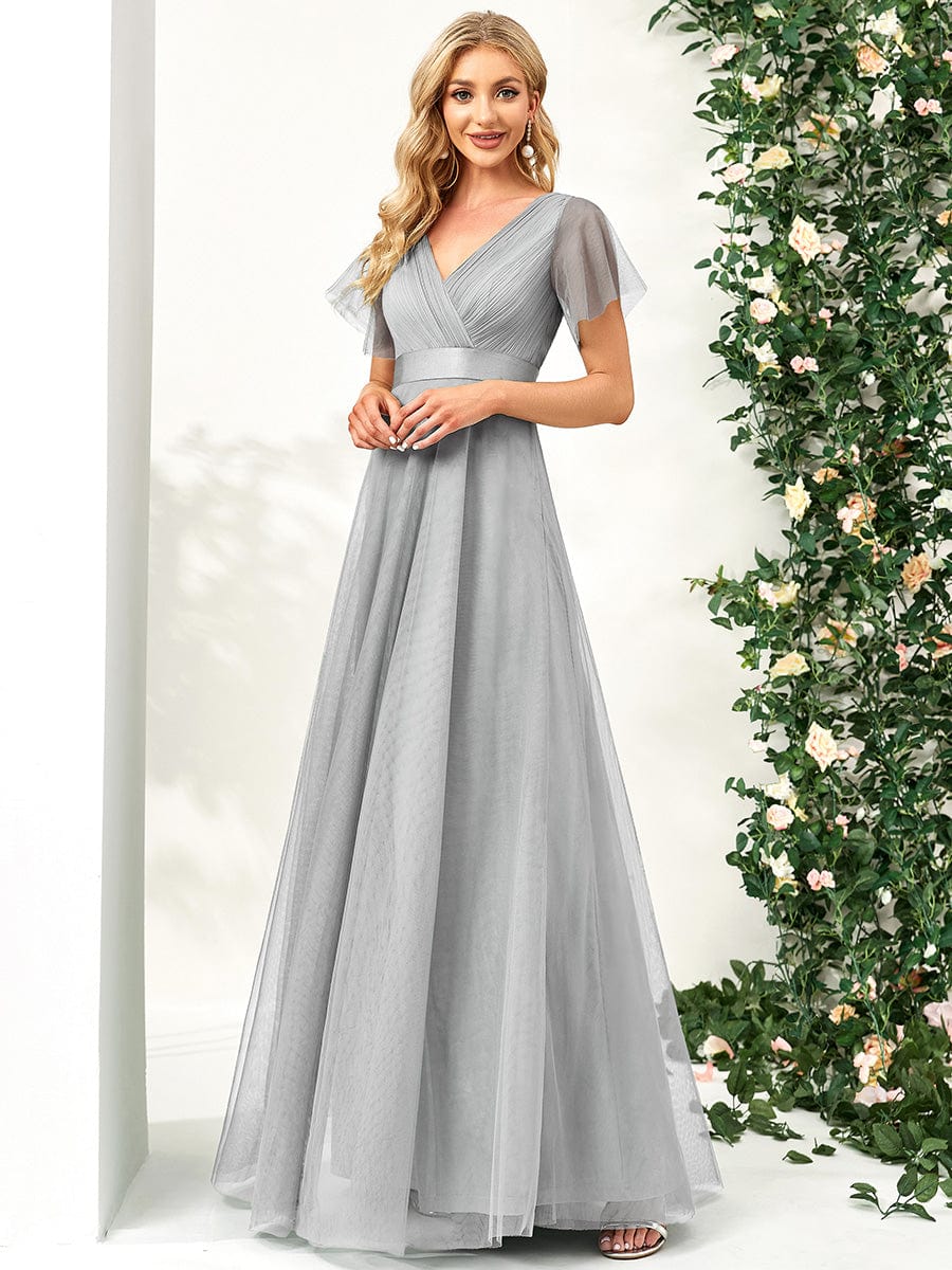 A-Line Floor-Length Women's Bridesmaid Dress with V-Neck and Flutter Sleeves