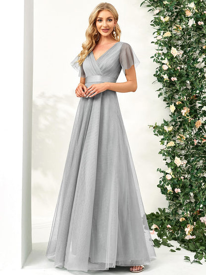 A-Line Floor-Length Women's Bridesmaid Dress with V-Neck and Flutter Sleeves