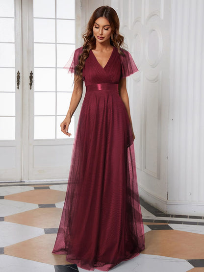 A-Line Floor-Length Women's Bridesmaid Dress with V-Neck and Flutter Sleeves