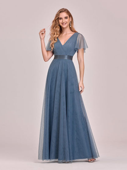 A-Line Floor-Length Women's Bridesmaid Dress with V-Neck and Flutter Sleeves