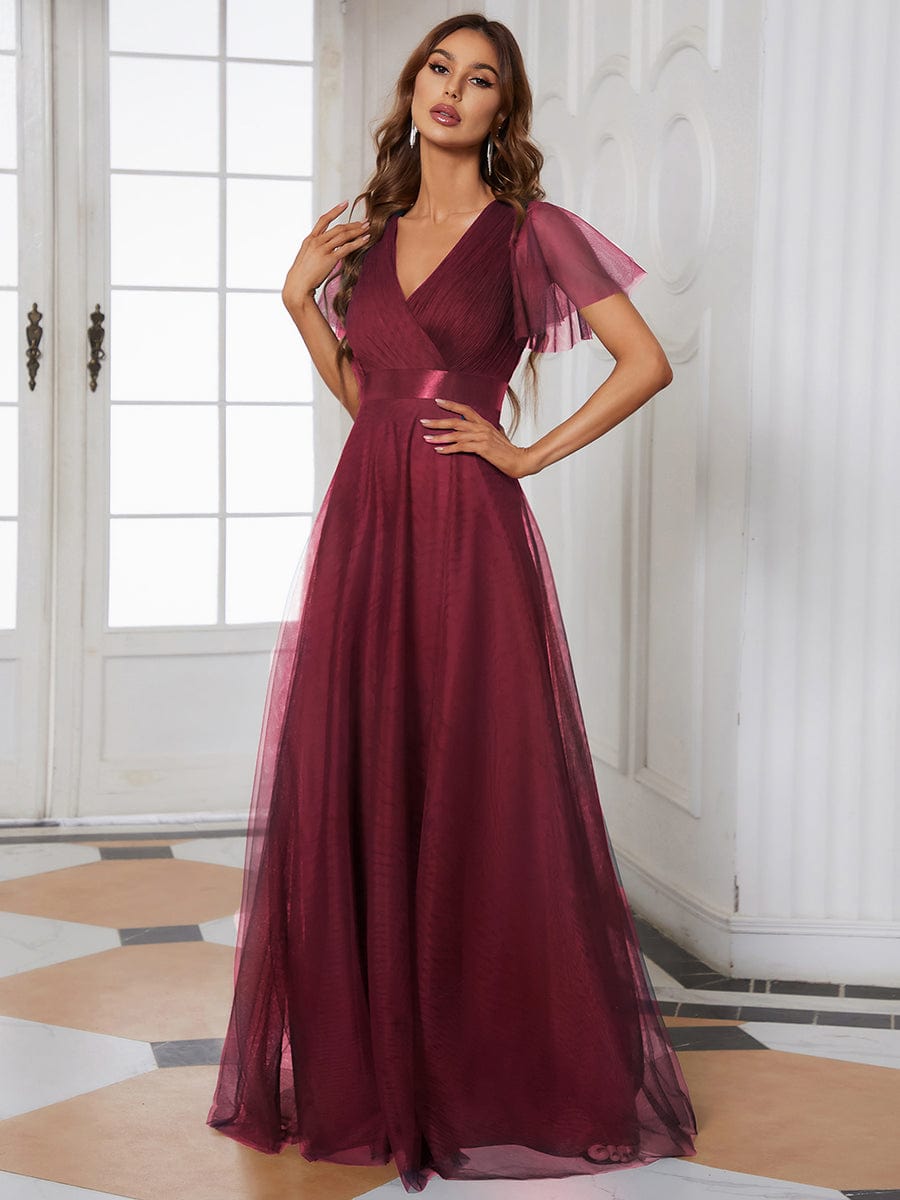 A-Line Floor-Length Women's Bridesmaid Dress with V-Neck and Flutter Sleeves