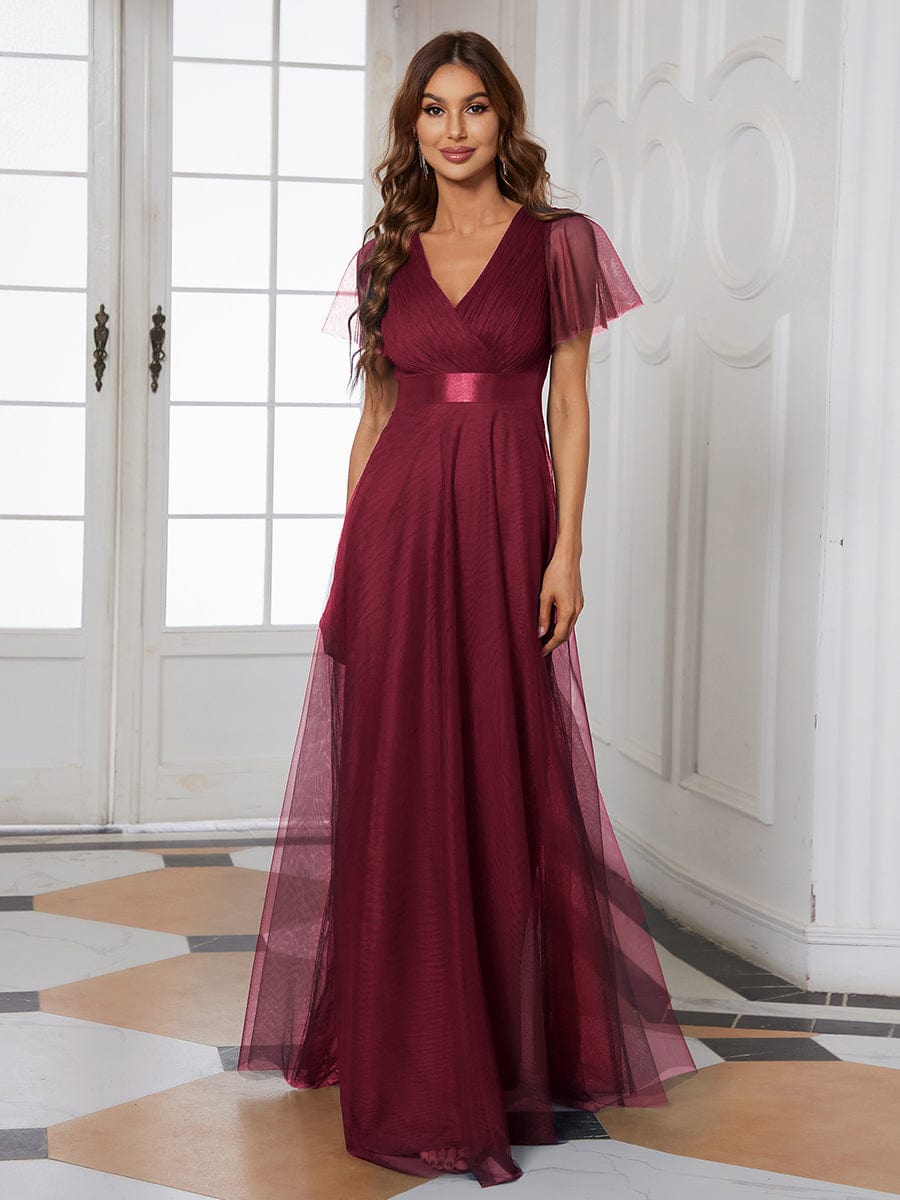 A-Line Floor-Length Women's Bridesmaid Dress with V-Neck and Flutter Sleeves