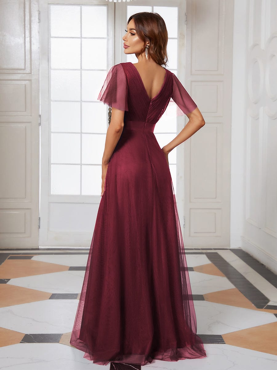 A-Line Floor-Length Women's Bridesmaid Dress with V-Neck and Flutter Sleeves