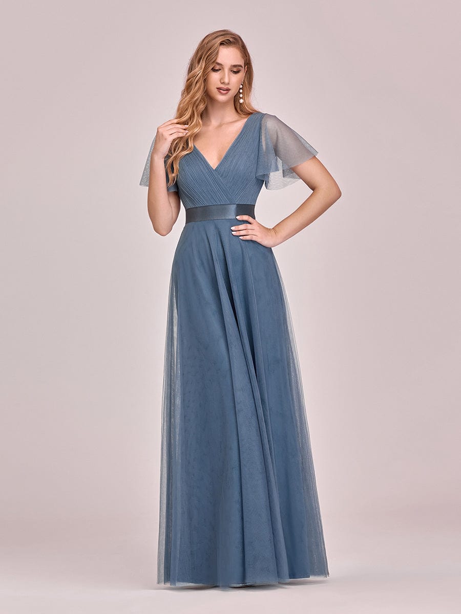A-Line Floor-Length Women's Bridesmaid Dress with V-Neck and Flutter Sleeves