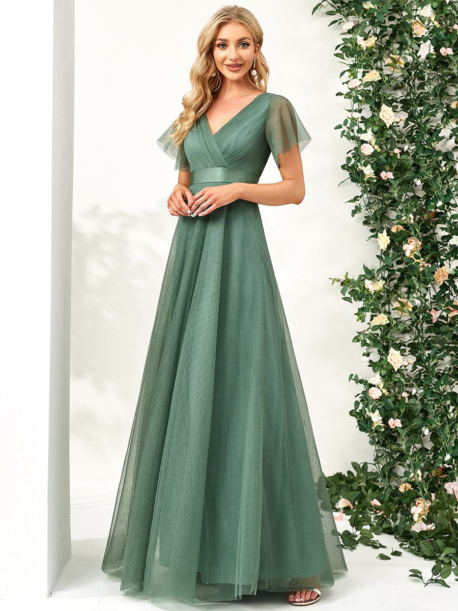 A-Line Floor-Length Women's Bridesmaid Dress with V-Neck and Flutter Sleeves