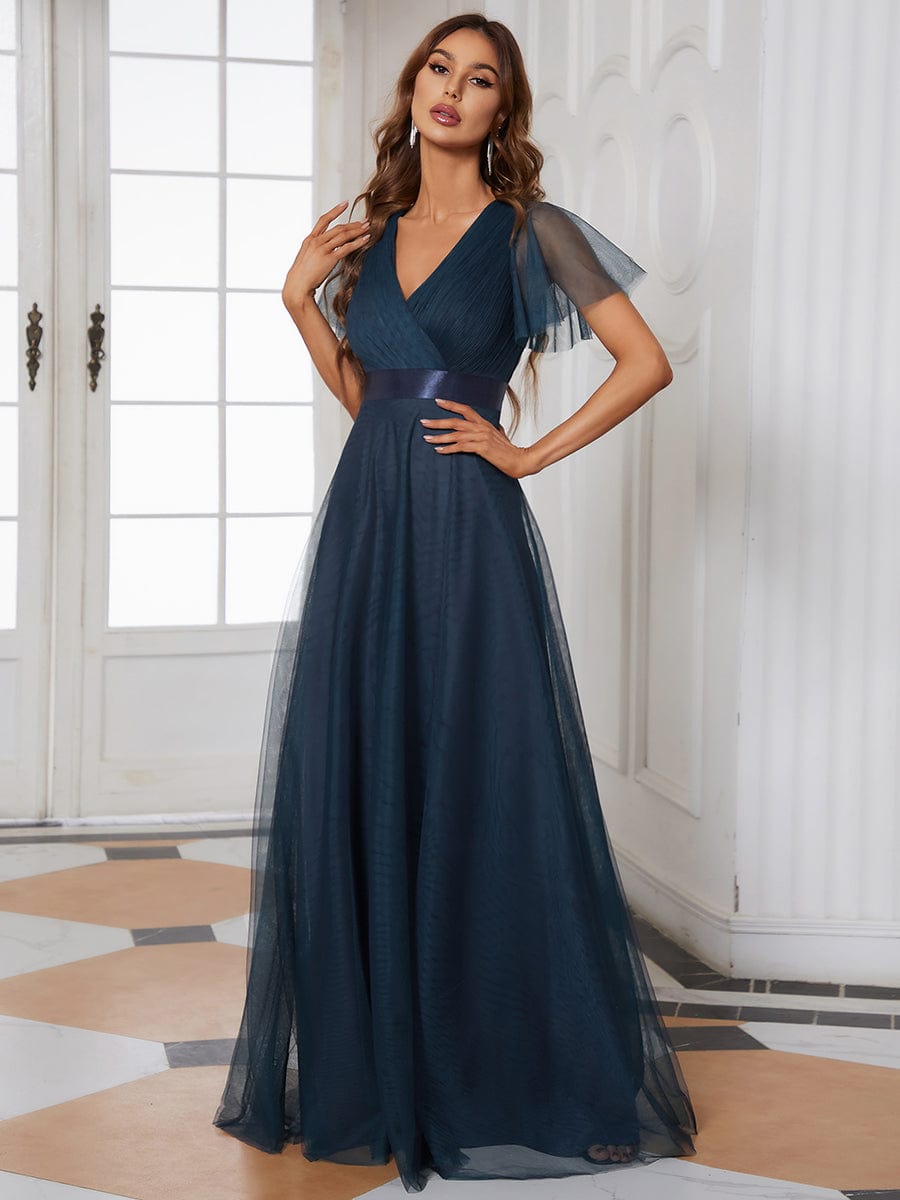 A-Line Floor-Length Women's Bridesmaid Dress with V-Neck and Flutter Sleeves