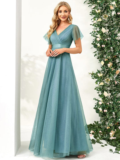 A-Line Floor-Length Women's Bridesmaid Dress with V-Neck and Flutter Sleeves