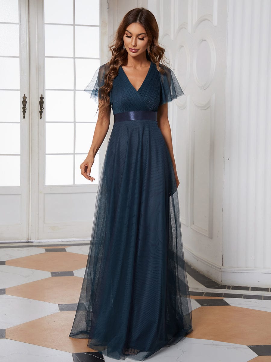 A-Line Floor-Length Women's Bridesmaid Dress with V-Neck and Flutter Sleeves