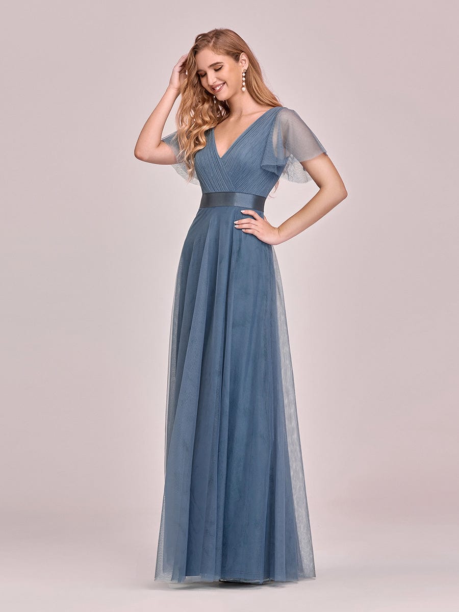 A-Line Floor-Length Women's Bridesmaid Dress with V-Neck and Flutter Sleeves