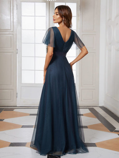 A-Line Floor-Length Women's Bridesmaid Dress with V-Neck and Flutter Sleeves