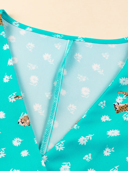 Green Cheetah Print V Neck Short Sleeve Plus Top