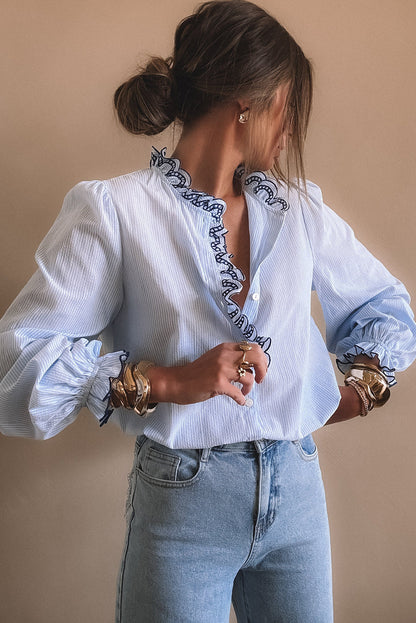Beau Blue Striped Print Embroidered Ruffle Trim Long Puff Sleeve Shirt