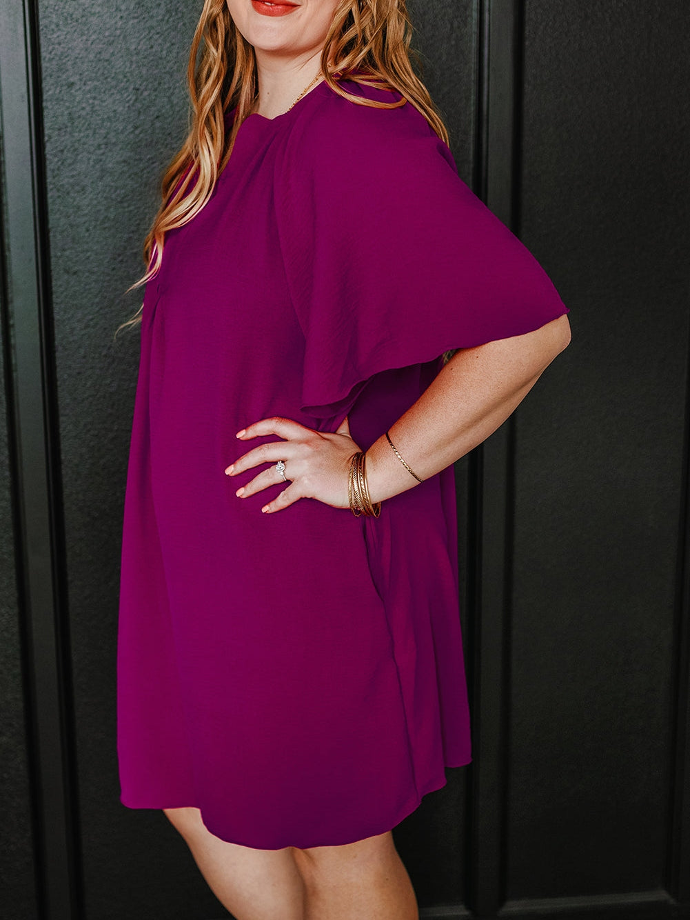 Rose Red Notched Neck Wide Sleeve Pleated Plus Size Dress