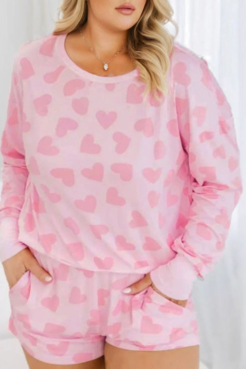 Pink Plus Size Heart Pattern Valentine Long Sleeve & Shorts 2 Pieces Lounge Set
