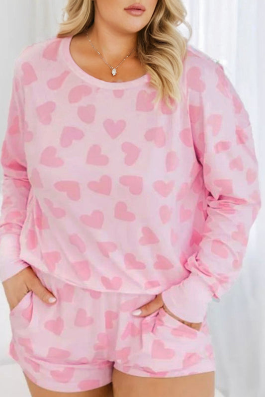 Pink Plus Size Heart Pattern Valentine Long Sleeve & Shorts 2 Pieces Lounge Set