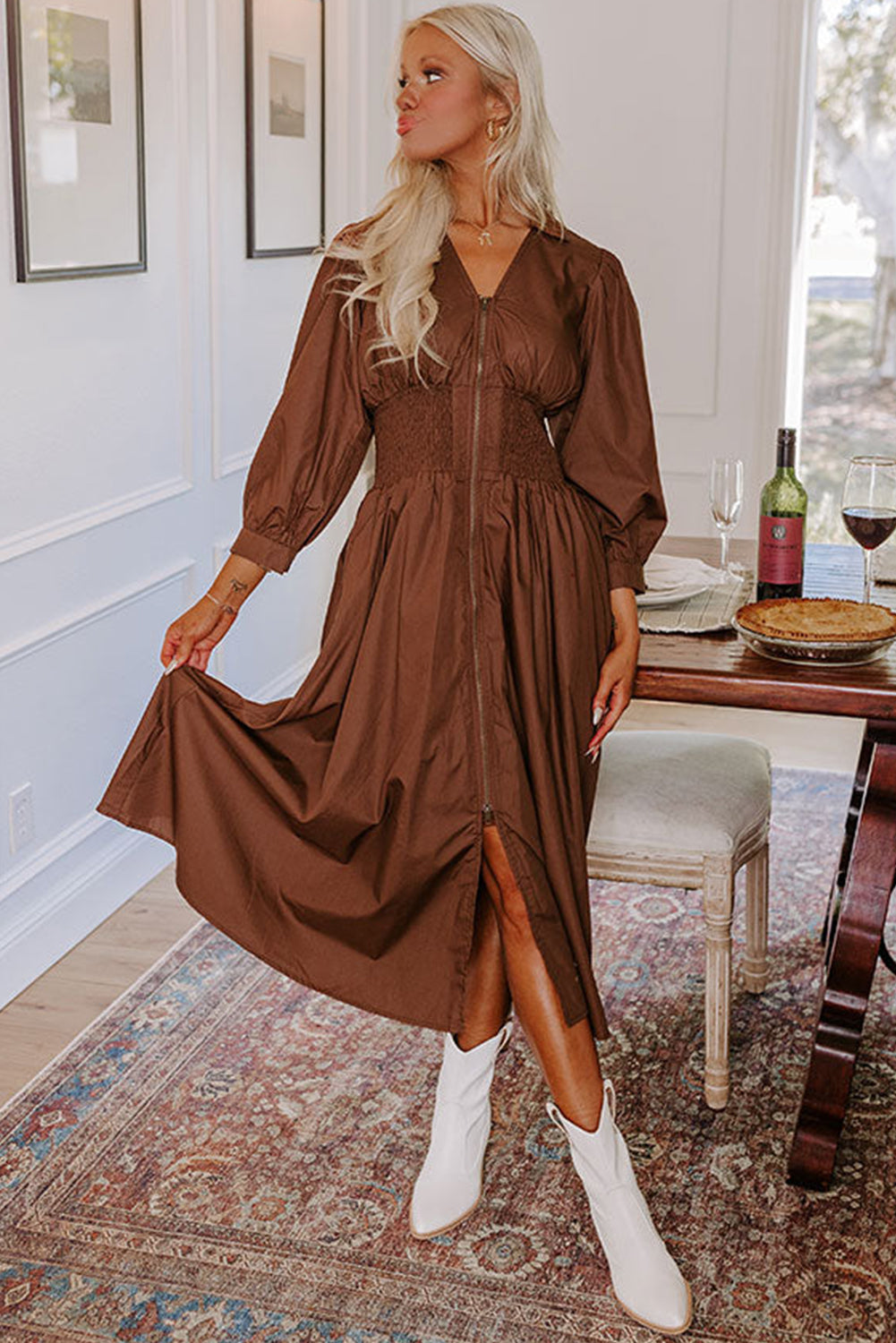 Chestnut Smocked Waist Zipped Front Bracelet Sleeve Fit Flare Midi Dress