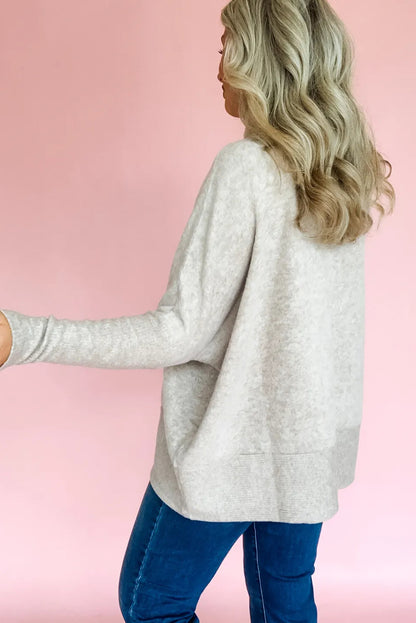 Smoke Gray Solid Color Turtleneck Ribbed Patchwork Dolman Long Sleeve Top