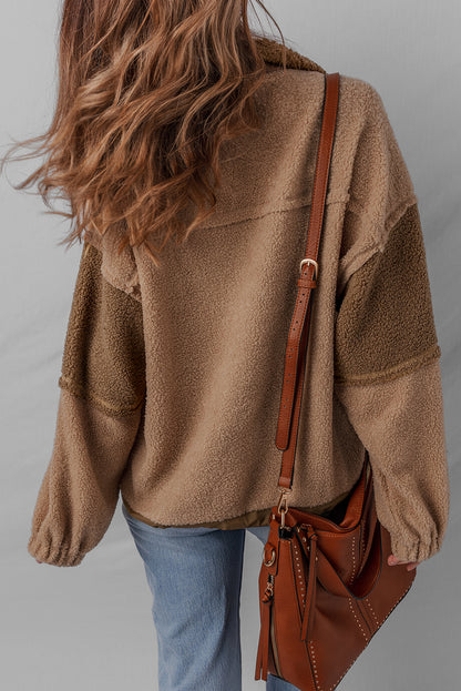 Straw Yellow 2-tone Color Block Patchwork Half Button Sherpa Sweatshirt