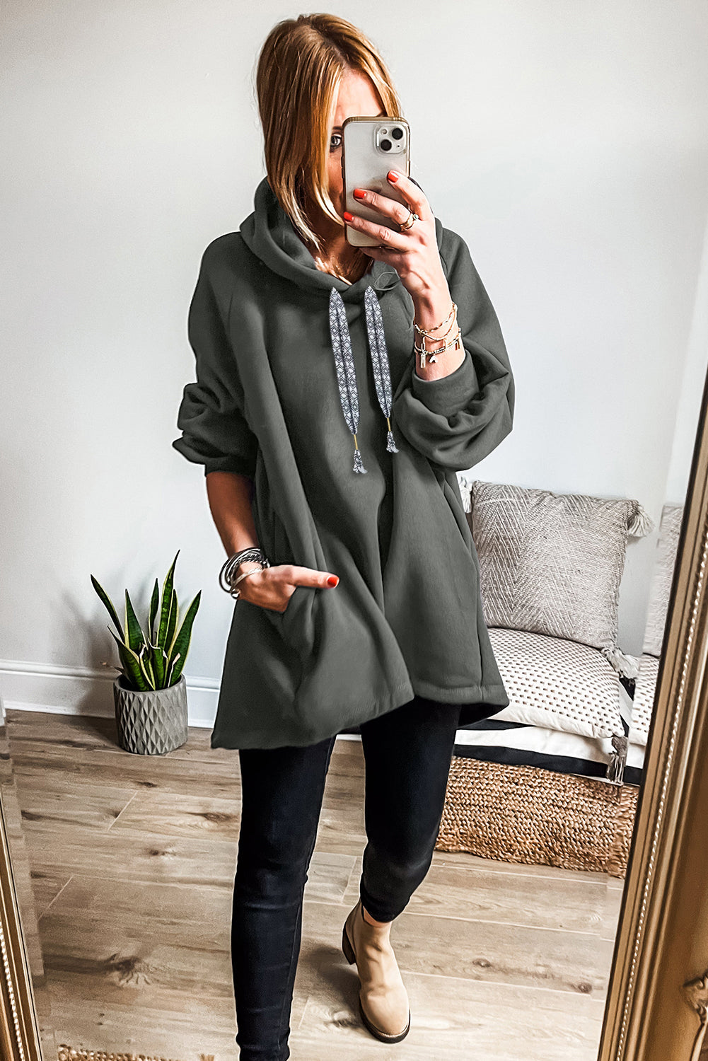 Four Leaf Clover Fleece Lined Adjustable Drawstring Oversize Tunic Hoodie