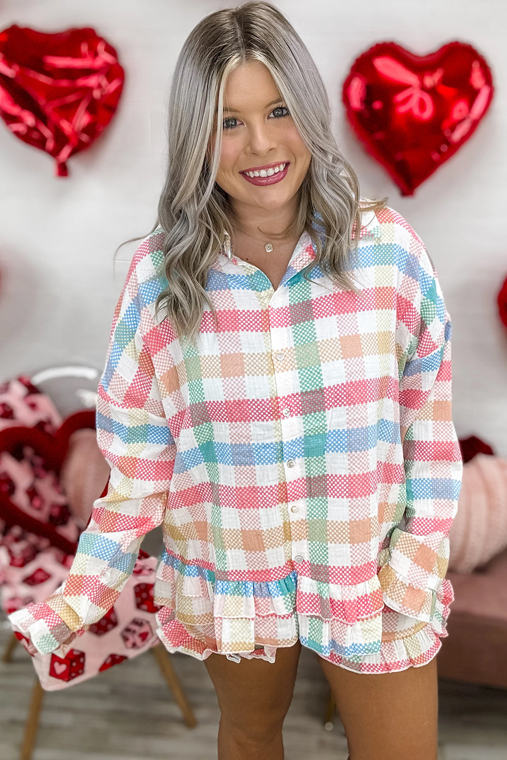 White Colorful Plaid Ruffled Long Sleeve Shirt and Shorts Lounge Set