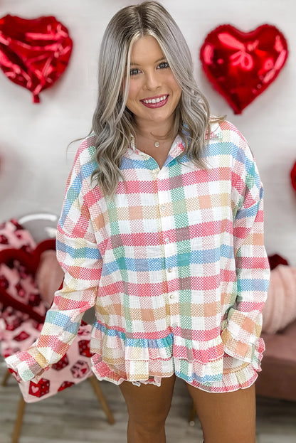 White Colorful Plaid Ruffled Long Sleeve Shirt and Shorts Lounge Set