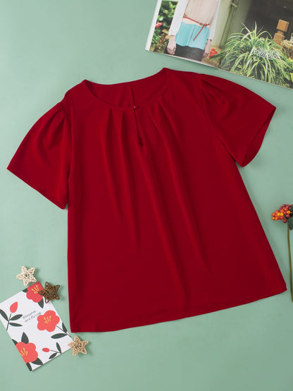 Red Dahlia Keyhole Pleated Crew Neck Plus Size T Shirt
