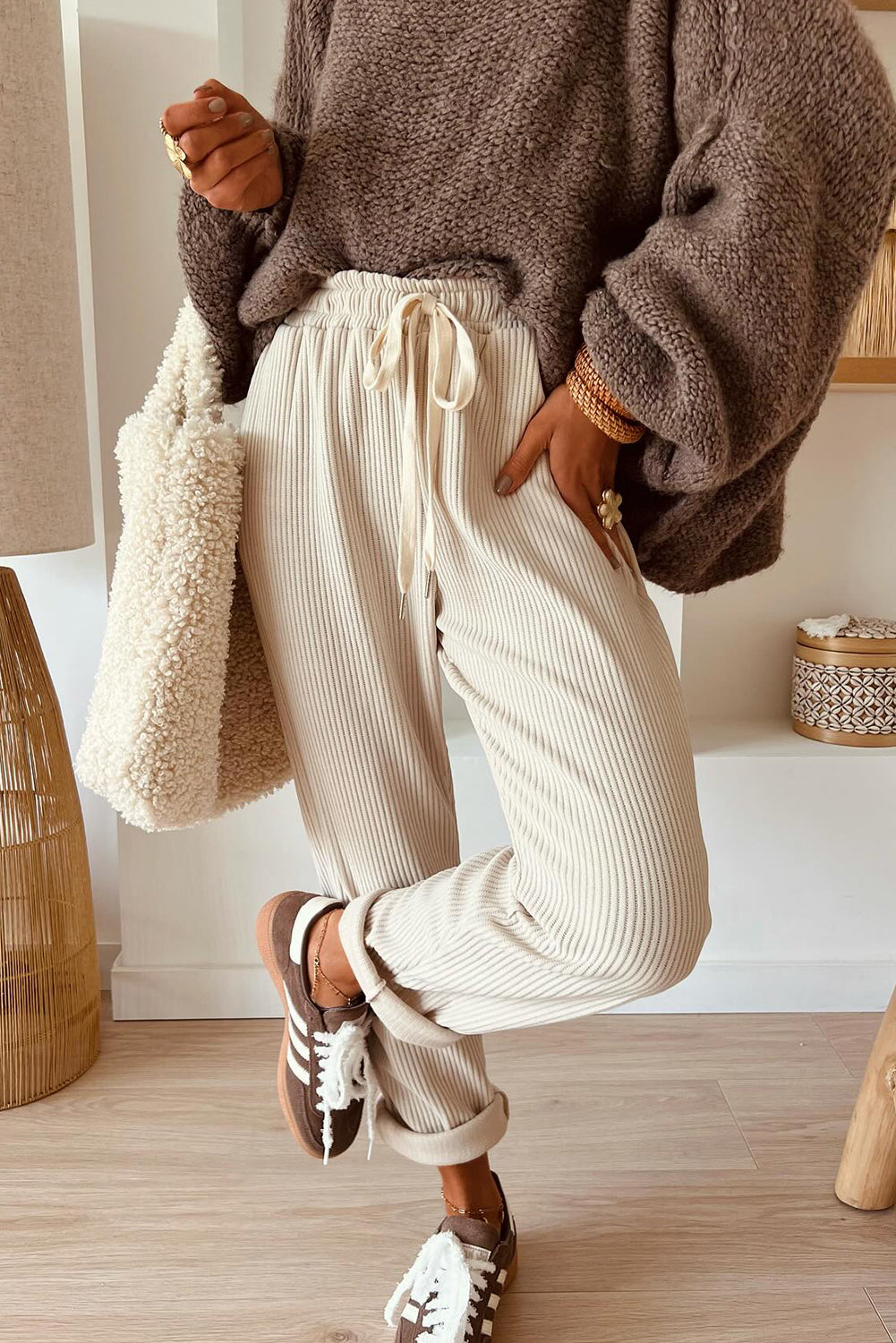 Jet Stream Drawstring Elastic Waist Casual Corduroy Pants