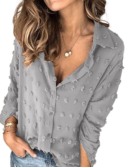 Elegant Gray Polka Dot Button-Up Blouse with Long Sleeves