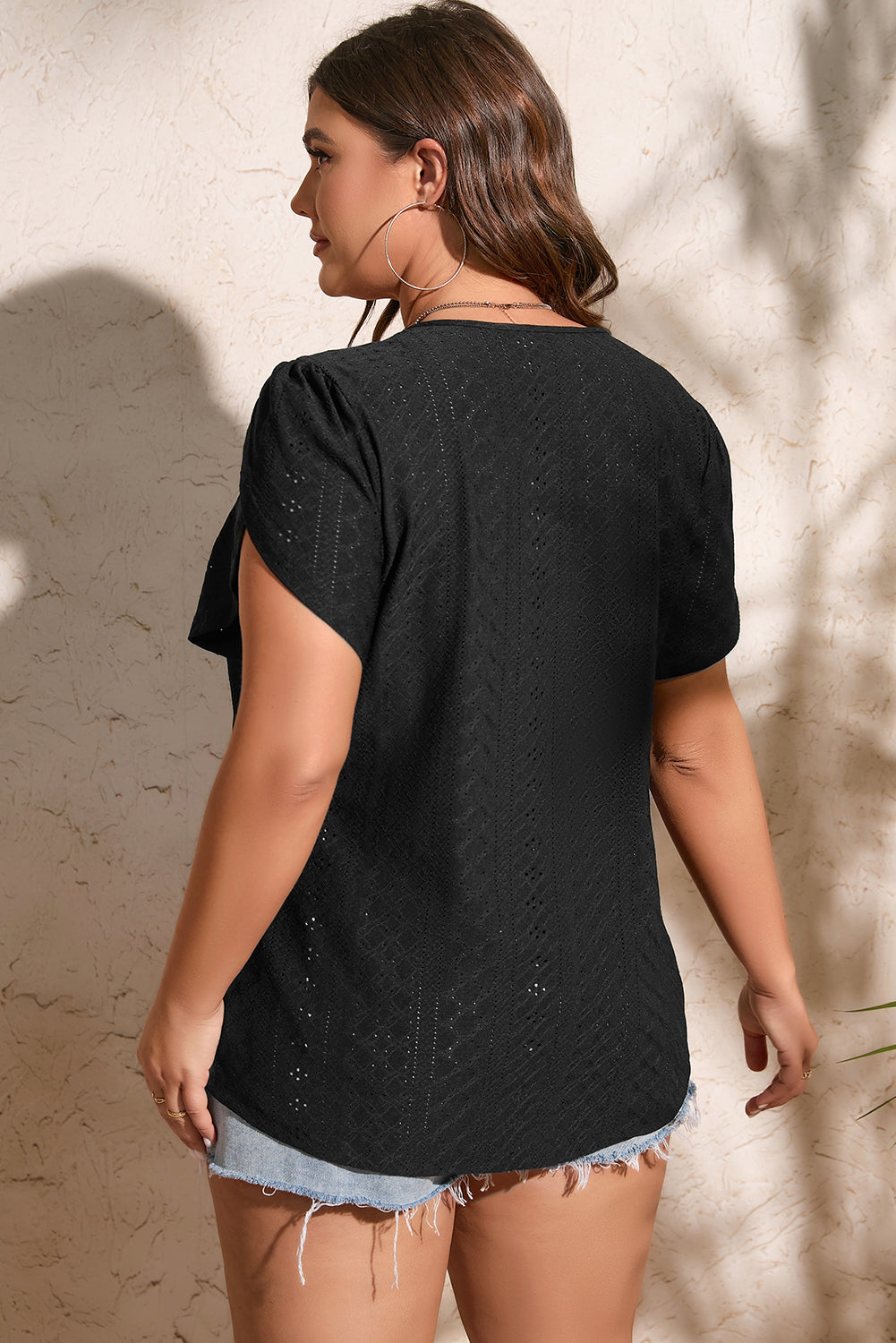 Chic Black Eyelet Embroidered V Neck Lace Top for Plus Size Women