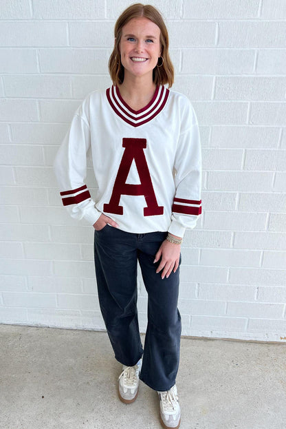 Red Dahlia Chenille Letter A Graphic Varsity Striped V Neck Puff Sleeve Sweatshirt