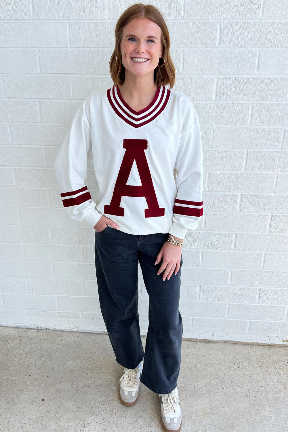 Red Dahlia Chenille Letter A Graphic Varsity Striped V Neck Puff Sleeve Sweatshirt