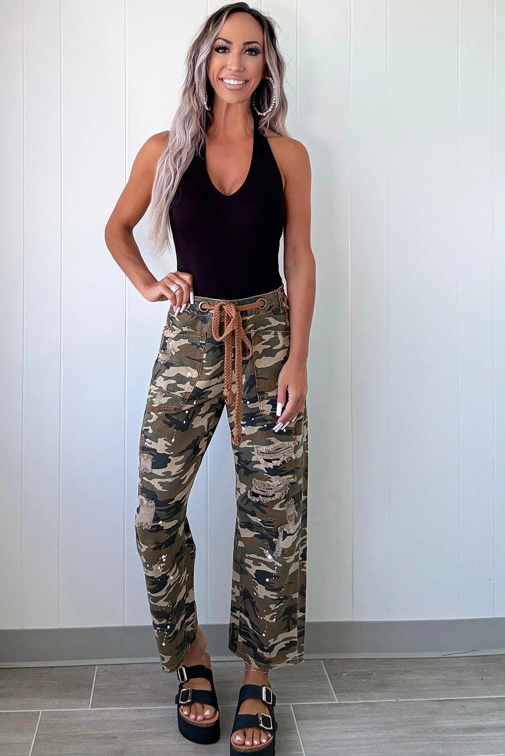 Green Camouflage Print Splashed Distressed Loose Denim Pants