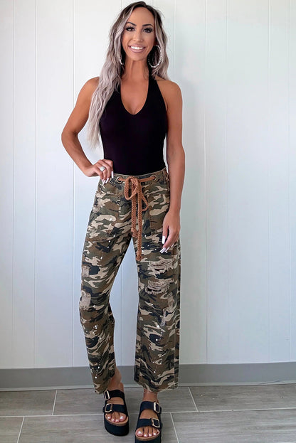 Green Camouflage Print Splashed Distressed Loose Denim Pants