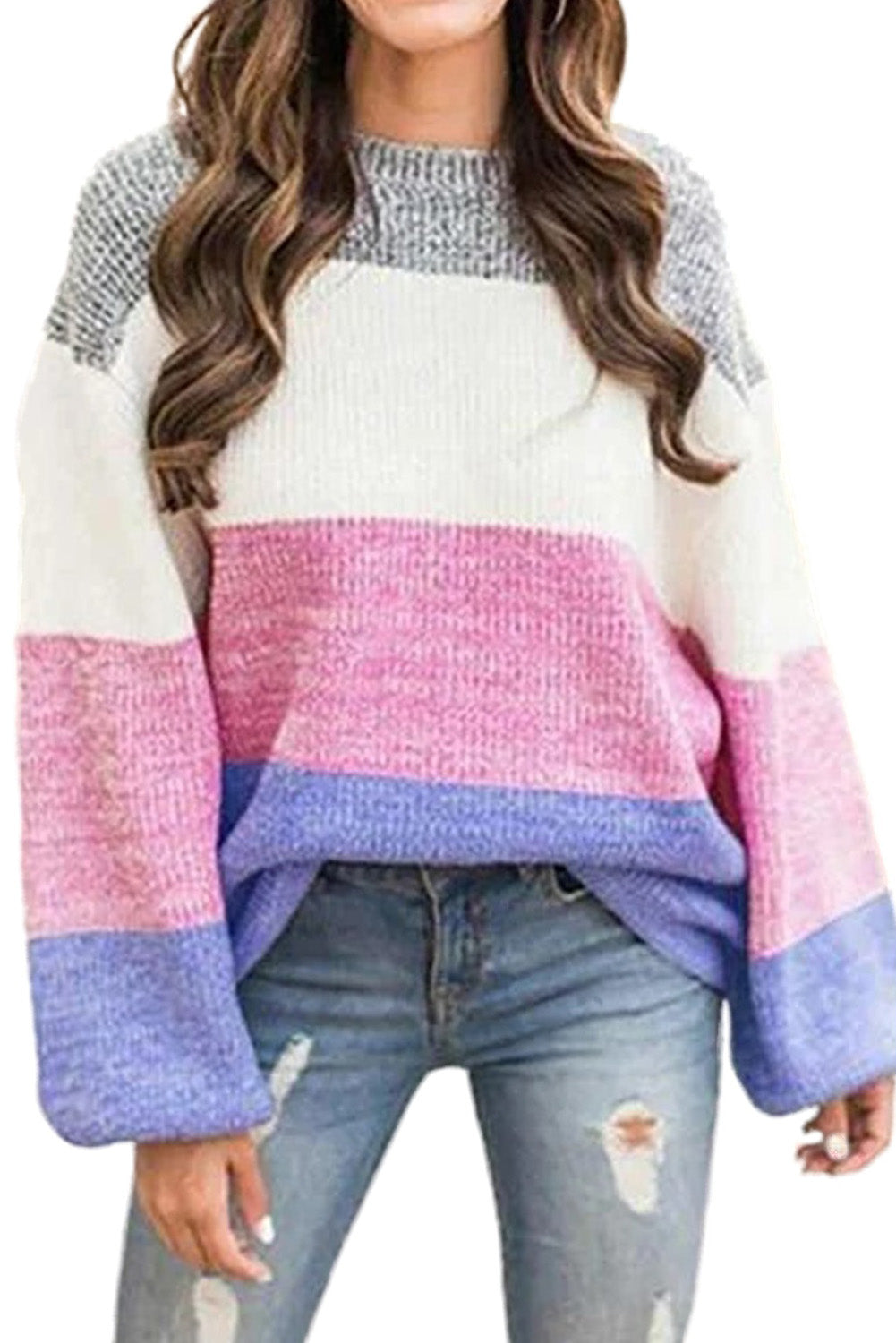 Pink Long Sleeve Knitted Round Neck Casual Sweater