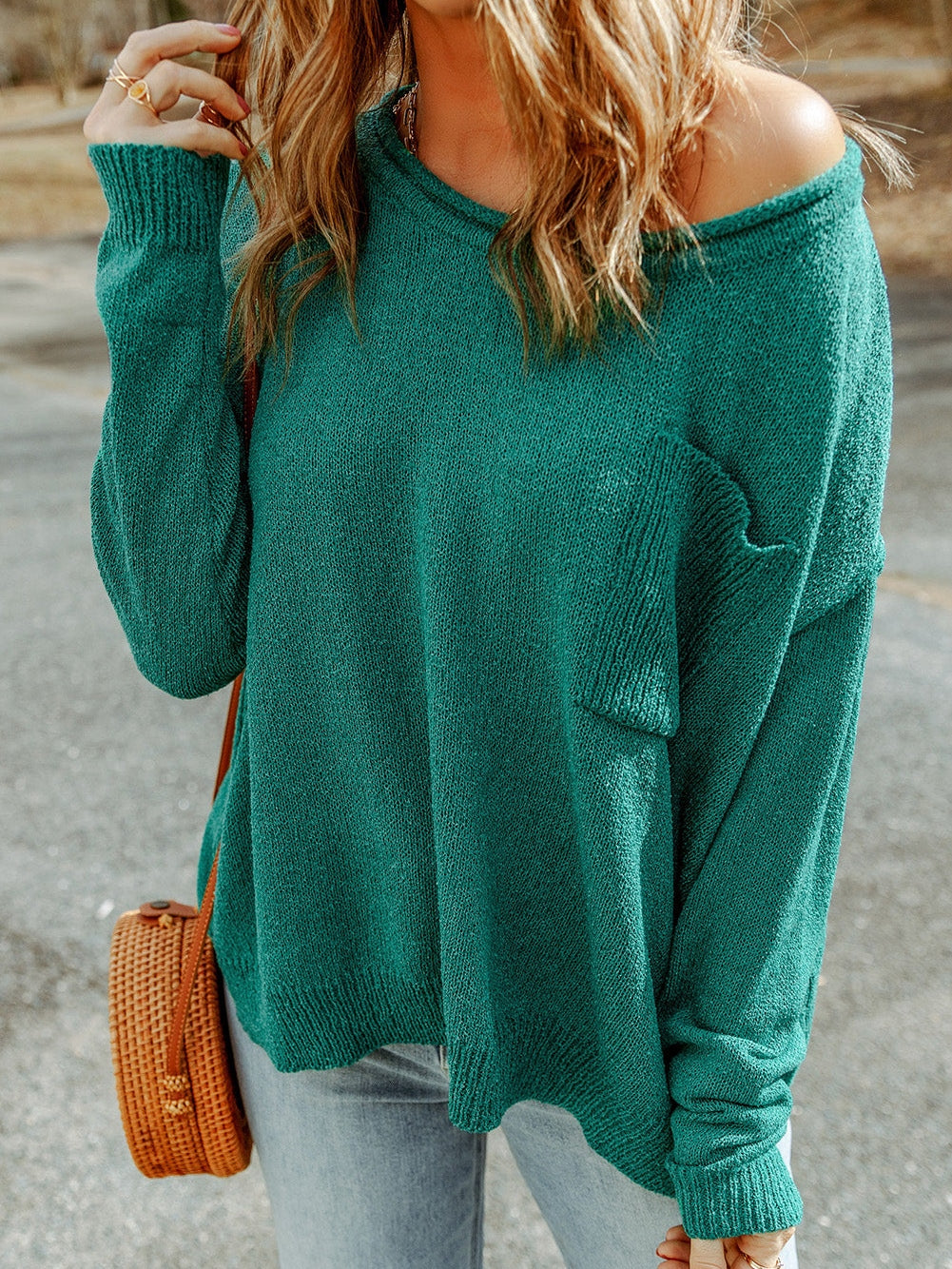 Green Rib Knit Off Shoulder Sweater with Chest Pocket