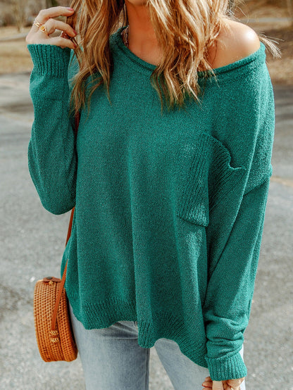 Green Rib Knit Off Shoulder Sweater with Chest Pocket