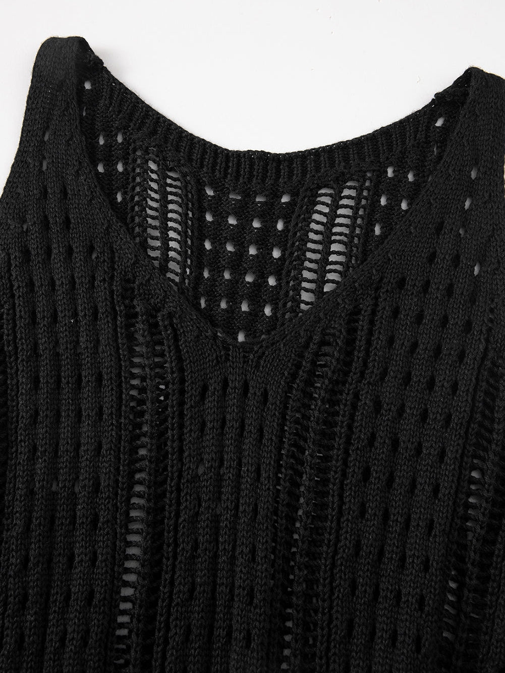 Boho Black Crochet Beach Dress with Drawstring & Hollow-out Detail