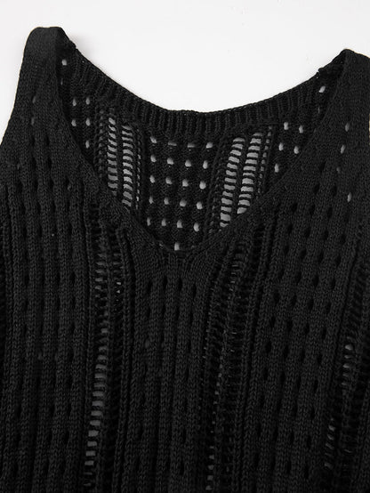 Boho Black Crochet Beach Dress with Drawstring & Hollow-out Detail