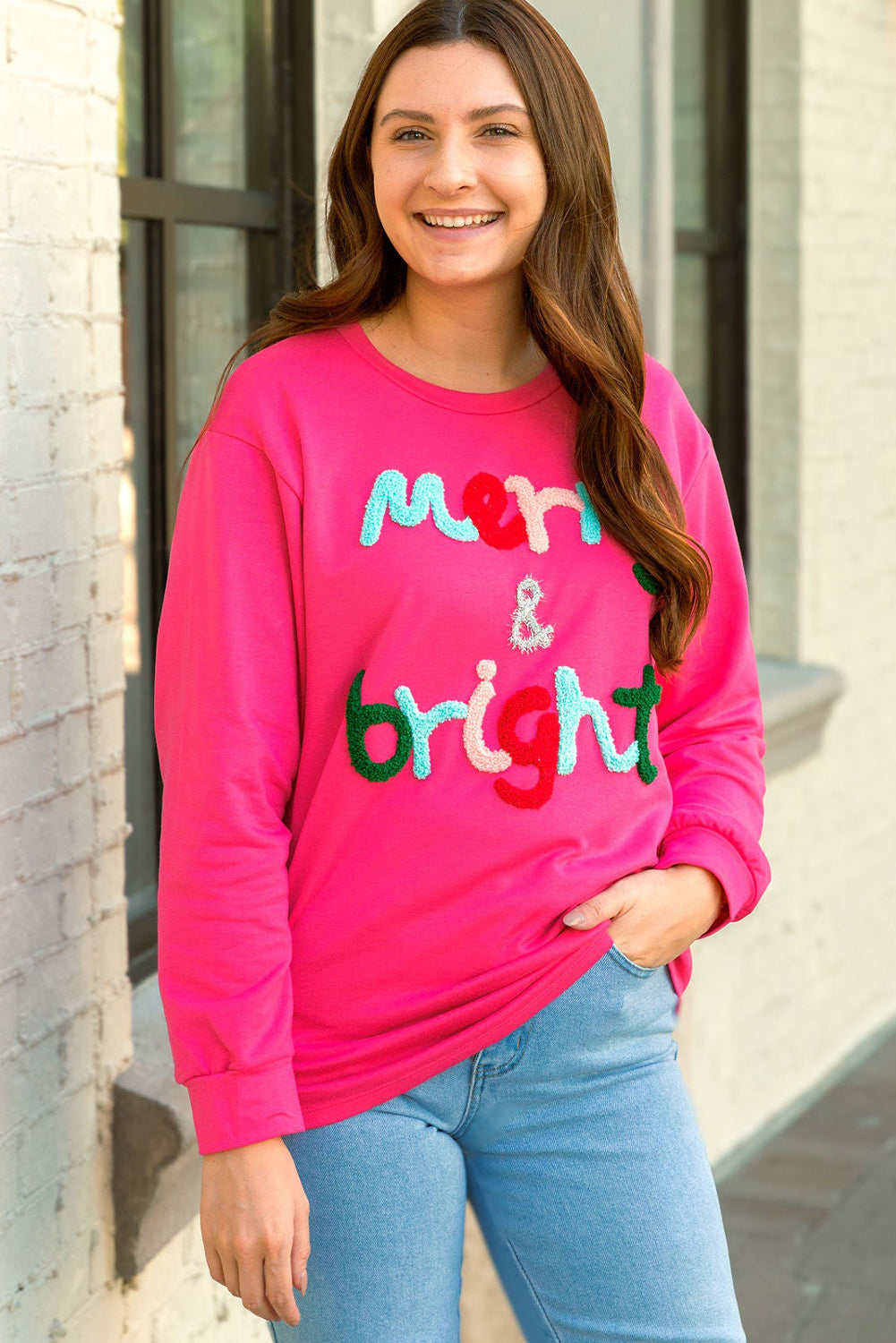 Strawberry Pink merry&bright Chenille Tinsel Letter Graphic Plus Size Christmas Sweatshirt