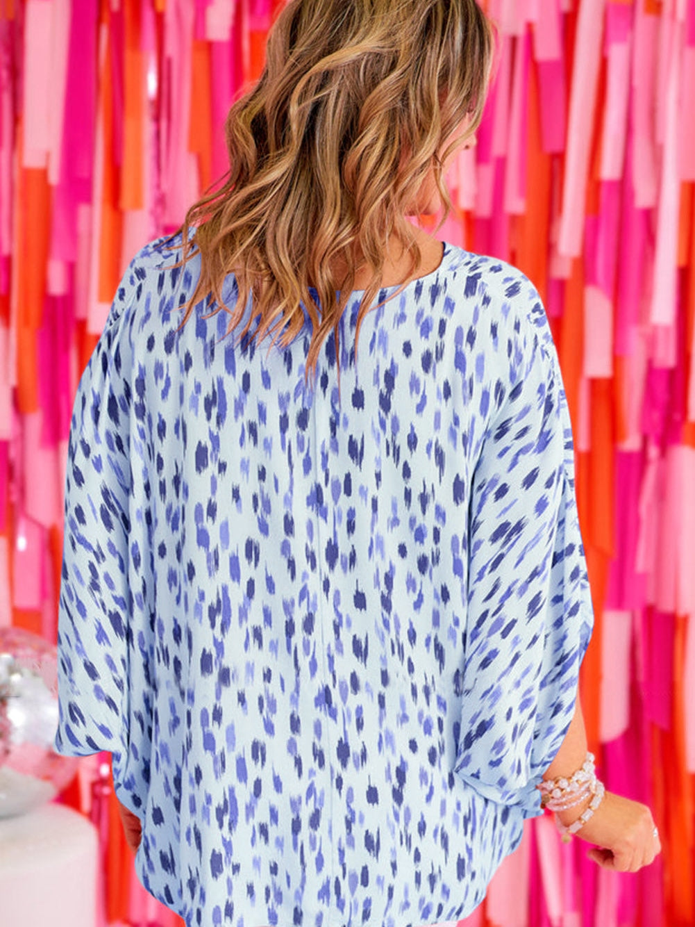 Sky Blue Leopard Print Oversized V-Neck Plus Size Blouse