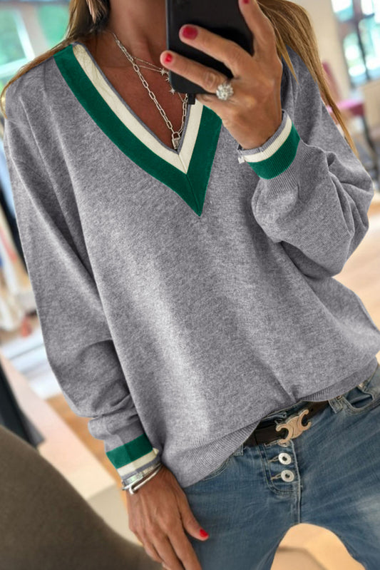 Gray Contrast Striped Trim V Neck Varsity Sweater