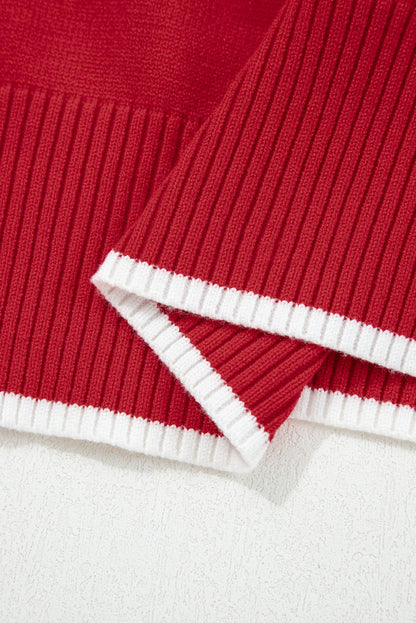 Fiery Red Contrast Trim Big Bow Accent Holiday Cropped Sweater